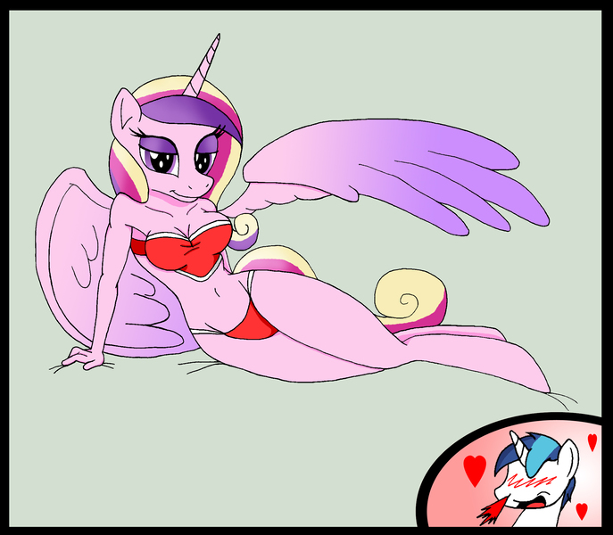 Size: 2219x1938 | Tagged: anthro, artist:dragonblood6400, bedroom eyes, belly button, blood, blushing, breasts, cleavage, clothes, derpibooru import, female, male, nosebleed, panties, princess cadance, questionable, shining armor, shiningcadance, shipping, smiling, straight, underwear, unguligrade anthro