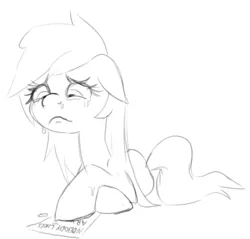 Size: 960x917 | Tagged: safe, artist:opnioc, derpibooru import, oc, oc:aryanne, unofficial characters only, earth pony, pony, black and white, crying, female, frown, grayscale, letter, monochrome, paper, prone, sad, sketch, solo