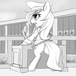 Size: 2000x2000 | Tagged: safe, artist:randy, derpibooru import, oc, oc:aryanne, unofficial characters only, earth pony, pony, adolf hitler, bipedal, black and white, city, clothes, crowd, female, flag, germany, grayscale, hat, heart, microphone, monochrome, nazi, plot, podium, reichstag, serious, solo, speech, standing, swastika, talking, uniform