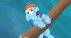 Size: 1280x688 | Tagged: background pony strikes again, censored, derpibooru import, edit, edited screencap, implied scat, looking up, mosaic, open mouth, rainbow dash, screencap, shocked, solo, suggestive, the mysterious mare do well, unnecessary censorship, wet, why