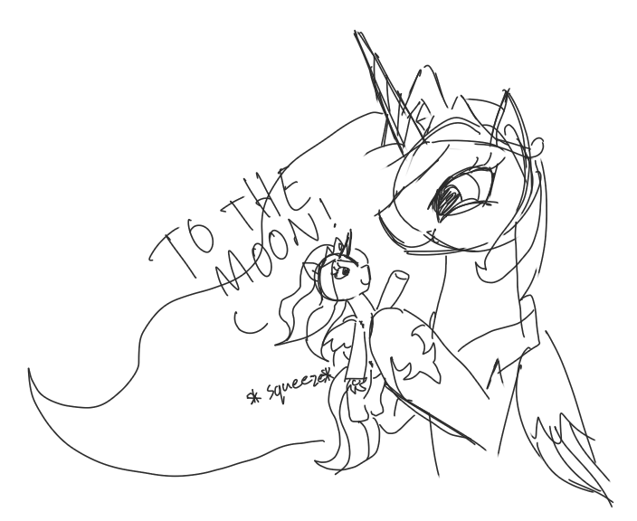 Size: 704x576 | Tagged: artist:artylovr, derpibooru import, monochrome, plushie, princess celestia, safe, sketch, squeeze me celly, to the moon, toy