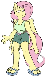 Size: 767x1253 | Tagged: anthro, artist:silverscarf, belt, belt buckle, clothes, derpibooru import, feet, fluttershy, plantigrade anthro, safe, sandals, shorts, solo, tanktop, toes