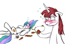 Size: 1500x1000 | Tagged: alcohol, artist:slamjam, blushing, derpibooru import, drunk, drunk bubbles, oc, oc:fausticorn, passed out, princess celestia, safe, whiskey