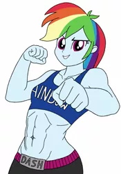 Size: 897x1280 | Tagged: safe, artist:blondenobody, derpibooru import, rainbow dash, equestria girls, abs, alternate costumes, belly button, clothes, midriff, muscles, rainbuff dash, solo, sports bra