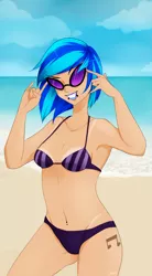 Size: 968x1757 | Tagged: armpits, artist:cyahna, beach, belly button, bellyring, bikini, breasts, clothes, derpibooru import, human, humanized, lip piercing, lipstick, looking at you, piercing, smiling, solo, suggestive, swimsuit, tan lines, vinyl scratch