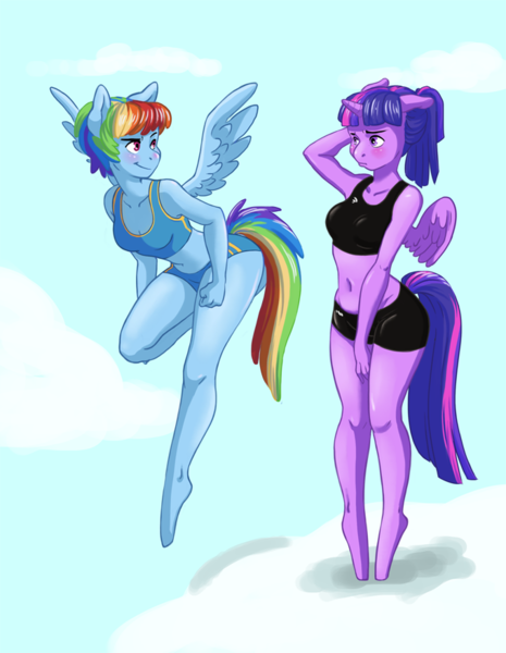 Size: 681x878 | Tagged: anthro, artist:fuzzy_bites, barefoot, belly button, blushing, breasts, clothes, cloud, cloudy, derpibooru import, feet, flying, midriff, plantigrade anthro, ponytail, rainbow dash, shorts, sports bra, suggestive, training, twilight sparkle, twilight sparkle (alicorn), workout outfit