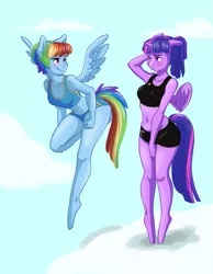 Size: 681x878 | Tagged: anthro, artist:fuzzy_bites, barefoot, belly button, blushing, breasts, clothes, cloud, cloudy, derpibooru import, feet, flying, midriff, plantigrade anthro, ponytail, rainbow dash, shorts, sports bra, suggestive, training, twilight sparkle, twilight sparkle (alicorn), workout outfit