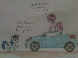 Size: 604x453 | Tagged: artist:skyline333, car, derpibooru import, pinkie pie, renault, renault wind, safe, traditional art, twilight sparkle