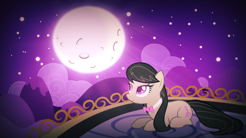 Size: 1920x1080 | Tagged: safe, artist:alexiy777, artist:barrfind, derpibooru import, octavia melody, earth pony, pony, balcony, bridge, female, full moon, lying down, mare, moon, moonlight, night, prone, solo, vector, wallpaper