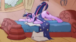 Size: 2301x1285 | Tagged: suggestive, artist:danli69, derpibooru import, twilight sparkle, pony, unicorn, bed, blanket, blushing, breath, estrus, exhausted, face down ass up, female, golden oaks library, invisible stallion, mare, open mouth, pillow, solo, solo female, sweat, tired, unicorn twilight, window