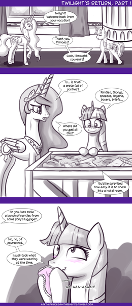 Size: 740x1706 | Tagged: questionable, artist:deusexequus, derpibooru import, princess celestia, twilight sparkle, twilight sparkle (alicorn), alicorn, pony, ask the princess of friendship with benefits, blushing, clothes, comic, female, frilly underwear, mare, monochrome, neo noir, panties, panty sniffing, partial color, pink underwear, smiling, sniffing, speedo, stealing, underwear, wavy mouth