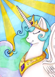 Size: 565x800 | Tagged: artist:fishiewishes, crepuscular rays, derpibooru import, eyes closed, princess celestia, safe, solo, spread wings, traditional art