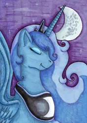 Size: 566x800 | Tagged: artist:fishiewishes, derpibooru import, eyes closed, moon, princess luna, safe, solo, spread wings, traditional art