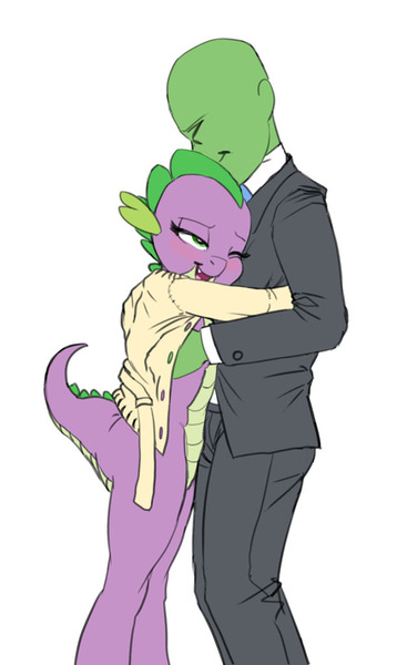 Size: 627x1026 | Tagged: artist:carnifex, barb, blushing, clothes, derpibooru import, dragon, explicit source, female, hug, human, human male, human on dragon action, male, oc, oc:anon, one eye closed, open mouth, rule 63, simple background, smiling, spike, straight, suggestive, white background