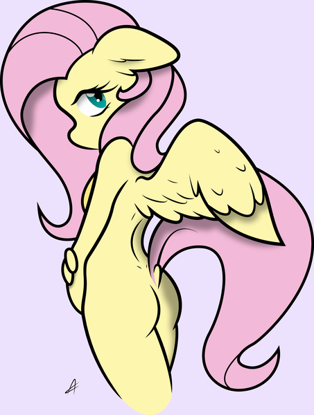 Size: 1945x2579 | Tagged: alternate version, anthro, artist:alacrityorbust, artist:ambris, bedroom eyes, breasts, delicious flat chest, derpibooru import, dock, female, flattershy, floppy ears, flutterbutt, fluttershy, looking at you, looking back, multiple variants, nudity, solo, solo female, suggestive