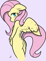 Size: 1945x2579 | Tagged: alternate version, anthro, artist:alacrityorbust, artist:ambris, bedroom eyes, breasts, delicious flat chest, derpibooru import, dock, female, flattershy, floppy ears, flutterbutt, fluttershy, looking at you, looking back, multiple variants, nudity, solo, solo female, suggestive