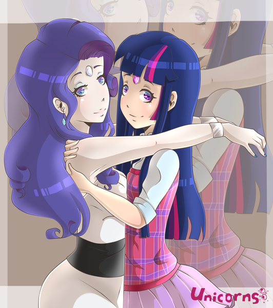 Size: 2360x2664 | Tagged: armpits, artist:loure201, clothes, derpibooru import, dress, hug, human, humanized, nail polish, rarity, safe, shirt, skirt, twilight sparkle