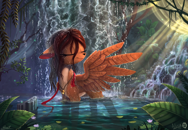 Size: 2500x1728 | Tagged: artist:sirzi, artist:yakovlev-vad, bathing, collaboration, deer, derpibooru import, eyes closed, jewelry, necklace, oc, outdoors, peryton, safe, solo, unofficial characters only, water, waterfall, waterfall shower, wet mane