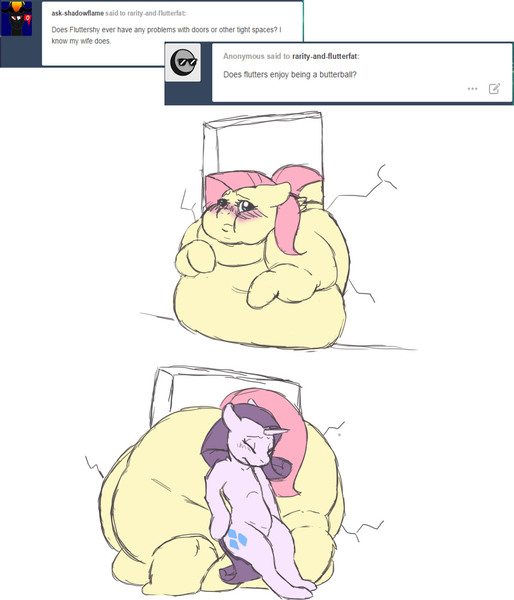 Size: 1200x1400 | Tagged: artist:fatfurparadise, ask, ass, belly, bingo wings, blushing, chubby cheeks, crotchboobs, derpibooru import, doorway, fat, fattershy, female, fluttershy, impossibly large belly, impossibly large butt, impossibly large crotchboobs, impossibly wide hips, indoors, obese, plot, property damage, questionable, rarity, stuck, the ass is monstrously oversized for tight entrance, tumblr, wide hips