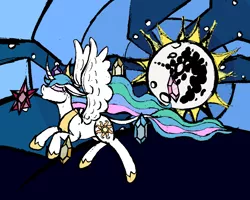 Size: 1800x1440 | Tagged: artist:ahaintthatbad, crying, derpibooru import, elements of harmony, mare in the moon, moon, princess celestia, safe, solo, spread wings