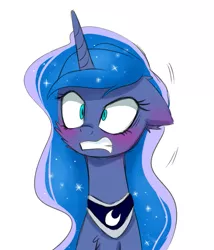 Size: 923x1079 | Tagged: safe, artist:magnaluna, derpibooru import, edit, princess luna, alicorn, pony, angry, blushing, bust, cheek fluff, chest fluff, ethereal mane, female, floppy ears, fluffy, gritted teeth, harness, head only, mare, shaking, shocked, shrunken pupils, simple background, slit eyes, solo, starry mane, surprised, tack, tsundere, tsunderuna, white background, wide eyes, wingless