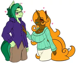 Size: 1341x1103 | Tagged: safe, artist:appelknekten, derpibooru import, oc, oc:appel, oc:sketchy skylar, unofficial characters only, anthro, earth pony, unicorn, appelskylar, blushing, breasts, clothes, female, flirting, glasses, heart, makeup, male, mare, necklace, stallion, sweater