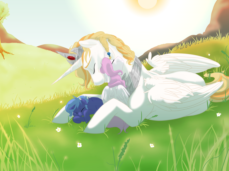 Size: 1024x768 | Tagged: artist:bibmob, cewestia, crown, cuddling, cute, cutelestia, derpibooru import, eyes closed, father and daughter, field, filly, floppy ears, flower, flower in hair, grass, hug, lunabetes, nuzzling, oc, pink-mane celestia, princess celestia, princess luna, prone, safe, sleeping, smiling, snuggling, sun, woona, younger