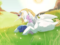 Size: 1024x768 | Tagged: artist:bibmob, cewestia, crown, cuddling, cute, cutelestia, derpibooru import, eyes closed, father and daughter, field, filly, floppy ears, flower, flower in hair, grass, hug, lunabetes, nuzzling, oc, pink-mane celestia, princess celestia, princess luna, prone, safe, sleeping, smiling, snuggling, sun, woona, younger