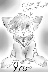 Size: 512x768 | Tagged: safe, artist:rednorth, derpibooru import, oc, oc:red-north, unofficial characters only, pony, begging, big ears, clothes, collar, crying, cute, dialogue, female, lost, mare, monochrome, pet, scared, sitting, solo, sweater, tiny