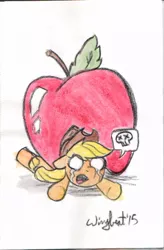 Size: 566x861 | Tagged: apple, applejack, artist:wingbeatpony, crushing, crying, derpibooru import, giant apple, safe, solo, traditional art, watercolor painting