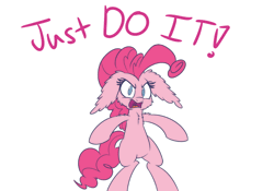 Size: 750x525 | Tagged: safe, artist:heir-of-rick, derpibooru import, pinkie pie, earth pony, pony, animated, bipedal, chest fluff, dialogue, ear fluff, female, floppy ears, frown, giant ears, impossibly large ears, just do it, looking at you, mare, multeity, open mouth, simple background, too much pink energy is dangerous, white background