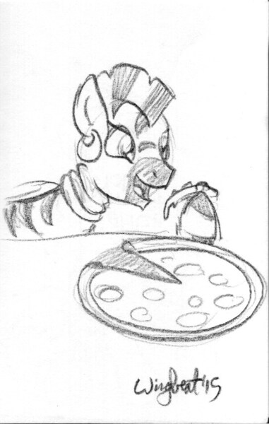 Size: 542x854 | Tagged: artist:wingbeatpony, derpibooru import, ear piercing, earring, food, jewelry, monochrome, necklace, open mouth, piercing, pizza, safe, sketch, solo, stripes, traditional art, zebra, zecora