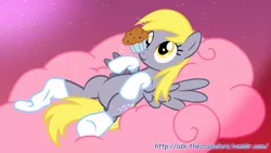 Size: 1280x720 | Tagged: safe, artist:jan, derpibooru import, edit, derpy hooves, pegasus, pony, balancing, clothes, cloud, cute, derpabetes, eyes on the prize, female, mare, muffin, nose wrinkle, on back, ponies balancing stuff on their nose, smiling, socks, solo, spread wings, wings