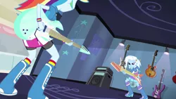 Size: 1920x1080 | Tagged: safe, derpibooru import, screencap, rainbow dash, trixie, equestria girls, guitar centered, rainbow rocks, electric guitar, flying v, guitar