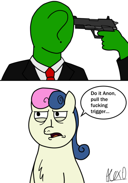 Size: 3500x5000 | Tagged: artist:alexorism, bon bon, bon bon is not amused, dark comedy, derpibooru import, doraemon, good time, gun, human, oc, oc:anon, pistol, semi-grimdark, suicide, sweetie drops, vulgar