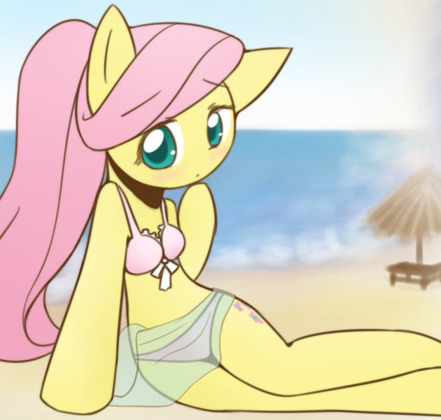 Size: 766x730 | Tagged: adorasexy, arm hooves, artist:howxu, beach, bikini, blushing, clothes, colored pupils, cropped, cute, derpibooru import, fluttershy, looking at you, missing nose, no nose, safe, semi-anthro, sexy, shyabetes, solo, swimsuit