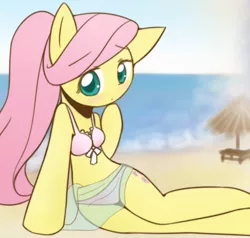 Size: 766x730 | Tagged: adorasexy, arm hooves, artist:howxu, beach, bikini, blushing, clothes, colored pupils, cropped, cute, derpibooru import, fluttershy, looking at you, missing nose, no nose, safe, semi-anthro, sexy, shyabetes, solo, swimsuit