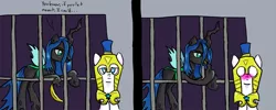 Size: 1500x600 | Tagged: suggestive, artist:slamjam, derpibooru import, queen chrysalis, changeling, changeling queen, pony, banana, bananajob, blushing, comic, deepthroat, female, guard, implied blowjob, implied oral, implied sex, jail, male, royal guard, stallion, throat bulge