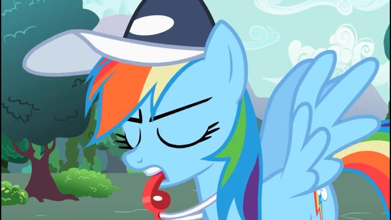 Size: 960x540 | Tagged: baseball cap, blowing, coach, derpibooru import, eyes closed, hat, may the best pet win, rainbow dash, rainbow dashs coaching whistle, safe, screencap, solo, teeth, whistle, whistle fetish, whistle necklace