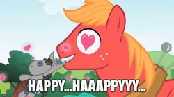 Size: 888x499 | Tagged: safe, derpibooru import, edit, edited screencap, screencap, big macintosh, smarty pants, earth pony, pony, lesson zero, heart eyes, image macro, male, meme, mouth hold, stallion, the gift 2: the giftening, wander over yonder, want it need it, wingding eyes