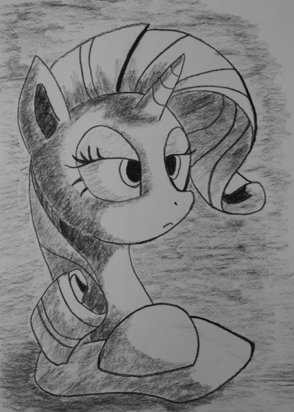 Size: 900x1260 | Tagged: artist:inkygarden, charcoal drawing, derpibooru import, grayscale, monochrome, rarity, safe, sketch, solo, traditional art, unamused