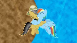 Size: 3840x2160 | Tagged: artist:laszlvfx, artist:rubez2525, daring do, derpibooru import, edit, eyes closed, floating, happy, hug, rainbow dash, safe, smiling, vector, wallpaper, wallpaper edit