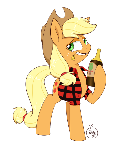 Size: 1102x1279 | Tagged: applejack, artist:notenoughapples, bottle, cider, clothes, derpibooru import, grin, plaid shirt, safe, shirt, simple background, solo, straw, transparent background