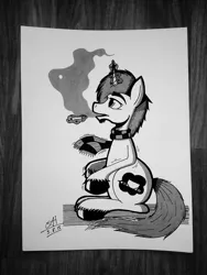 Size: 966x1288 | Tagged: safe, artist:pencilhooves, derpibooru import, oc, oc:fiftie pencilhooves, unofficial characters only, pony, unicorn, cigarette, clothes, grayscale, levitation, male, monochrome, scarf, simple background, sitting, smoking, solo, stallion, traditional art