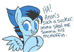 Size: 697x491 | Tagged: artist:fiona, bird pone, blue jay, derpibooru import, dialogue, evil, grin, oc, safe, solo, unofficial characters only