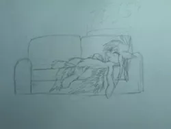 Size: 1600x1200 | Tagged: safe, artist:phenya, artist:phoenixb159, derpibooru import, oc, oc:soft cloud, unofficial characters only, pegasus, pony, couch, female, mare, monochrome, sleeping, solo, traditional art