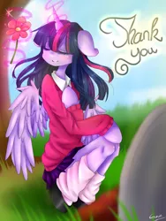 Size: 768x1024 | Tagged: ambiguous facial structure, anthro, arm hooves, artist:iponylover, clothes, derpibooru import, flower, grave, magic, safe, skirt, solo, sweater, twilight sparkle, twilight sparkle (alicorn)