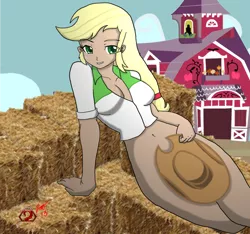 Size: 1024x959 | Tagged: applejack, artist:doom-tanker, barn, belly button, bottomless, breasts, cleavage, clothes, cowboy hat, dead source, derpibooru import, equestria girls outfit, female, hat, hat censor, hay bale, human, humanized, lip bite, looking at you, nudity, partial nudity, smiling, solo, strategically covered, suggestive, sweet apple acres