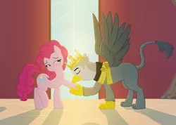 Size: 1151x820 | Tagged: safe, artist:carnifex, derpibooru import, king grover, pinkie pie, gryphon, the lost treasure of griffonstone, anachronism, bedroom eyes, blushing, crown, crown of grover, eyes closed, female, groverpie, hoof kissing, jewelry, kissing, lip bite, male, old charmer, raised leg, regalia, shipping, smiling, spread wings, straight, this will end in timeline distortion
