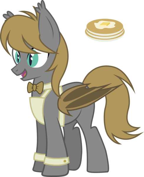 Size: 2424x2974 | Tagged: safe, artist:duskthebatpack, derpibooru import, oc, oc:buttermilk pancake, unofficial characters only, bat pony, pony, apron, bowtie, clothes, cute, cutie mark, fangs, male, open mouth, pancakes, simple background, smiling, solo, stallion, transparent background, vector, waiter